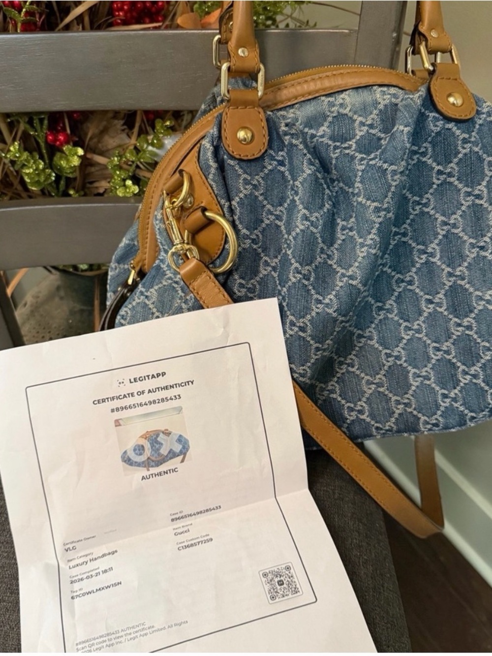 Gucci Blue Denim Monogram Shoulder Bag with Tan Leather Trim